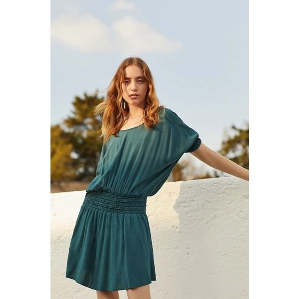 Anthropologie Floreat Azriel Corded Mini Dress Womens Size 10 Teal Blue Dolman